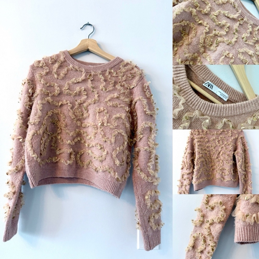ZARA‎ Beige Abstract Tulle Sequin Glitter Decorative Sweater Size Medium Ruffle